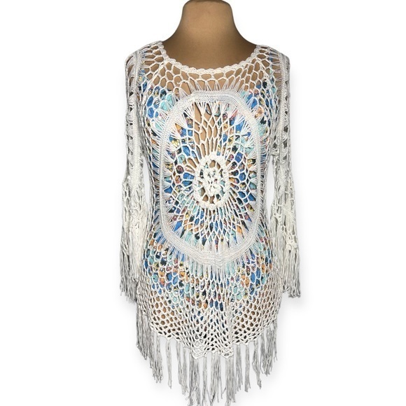 CUPSHE White Crochet swim cover up boho Tassel Three Quarter Sleeve size S - Picture 4 of 9